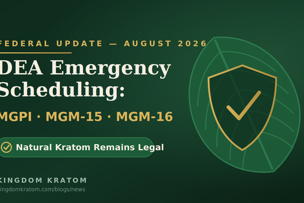 DEA emergency scheduling of MGPI, MGM-15 and MGM-16 — natural kratom remains legal, August 2026 | Kingdom Kratom