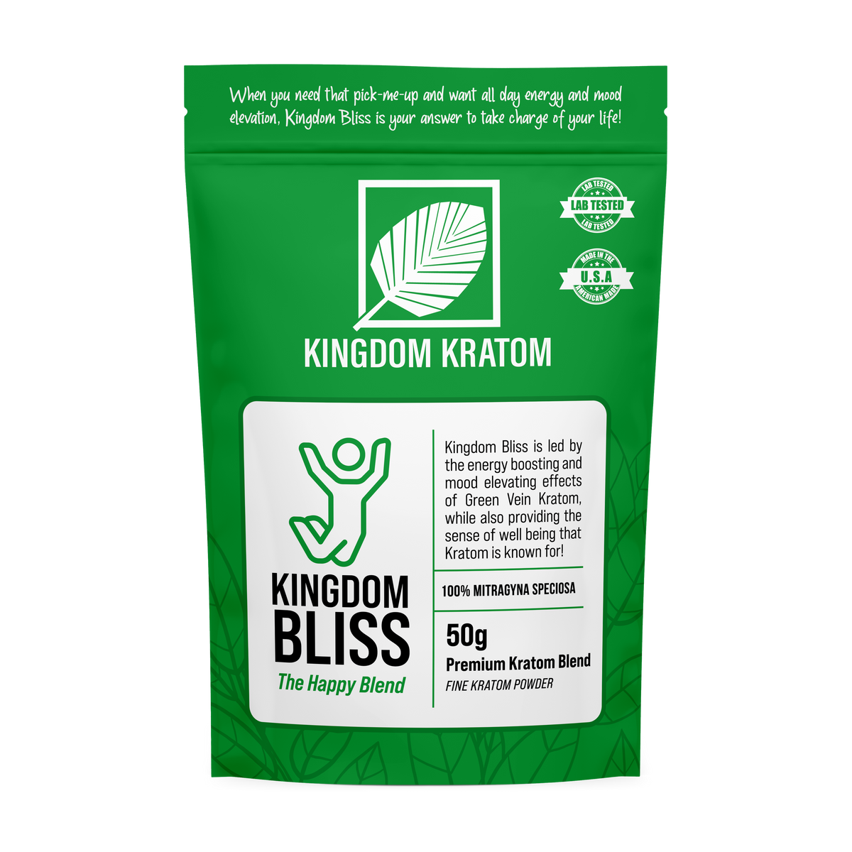 Kingdom Bliss Green Blend Kratom Powder 50g Lab Tested USA-Made Pouch - Front View | Kingdom Kratom