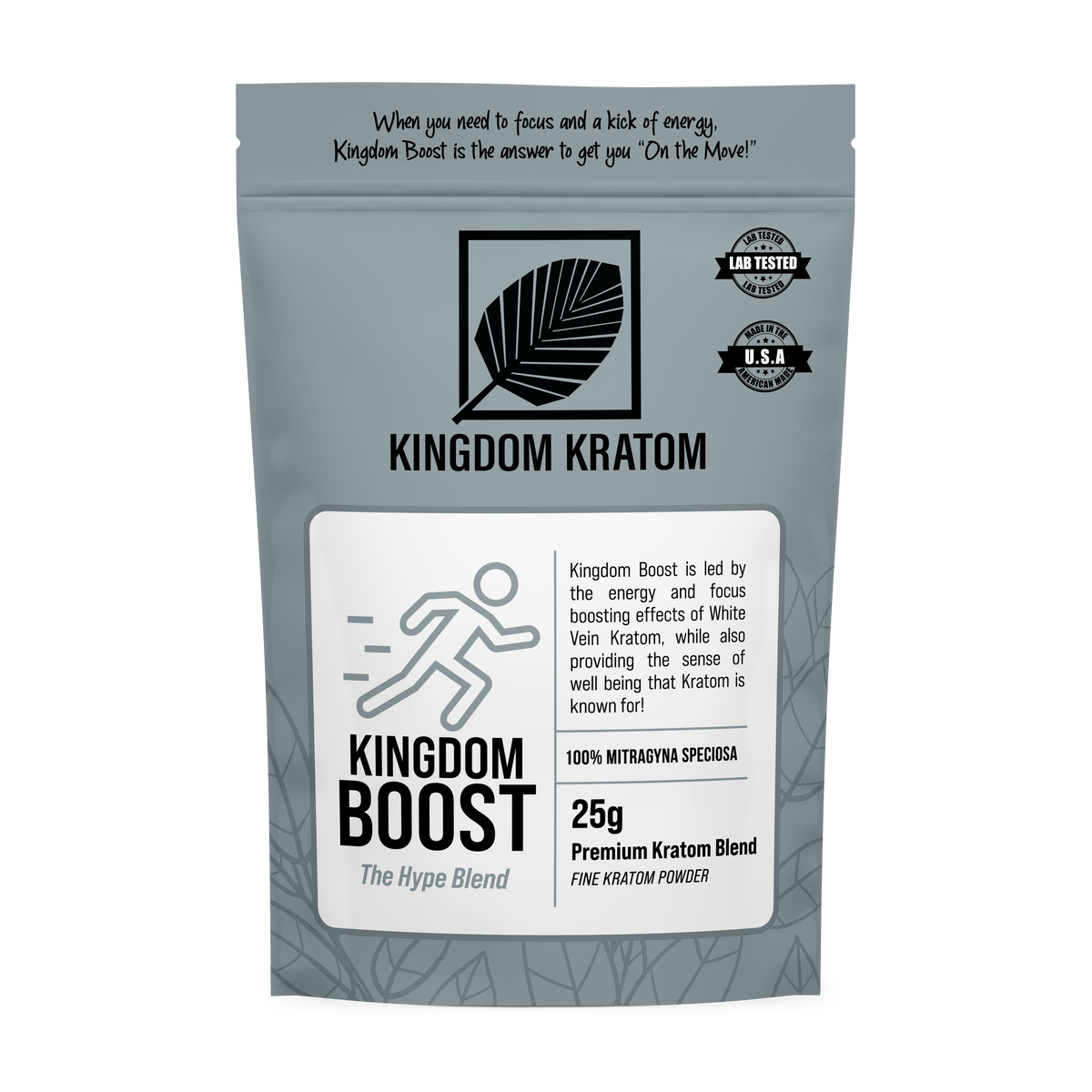 Grey Boost White Vein Kratom Blend Powder 25g - Front View | Kingdom Kratom