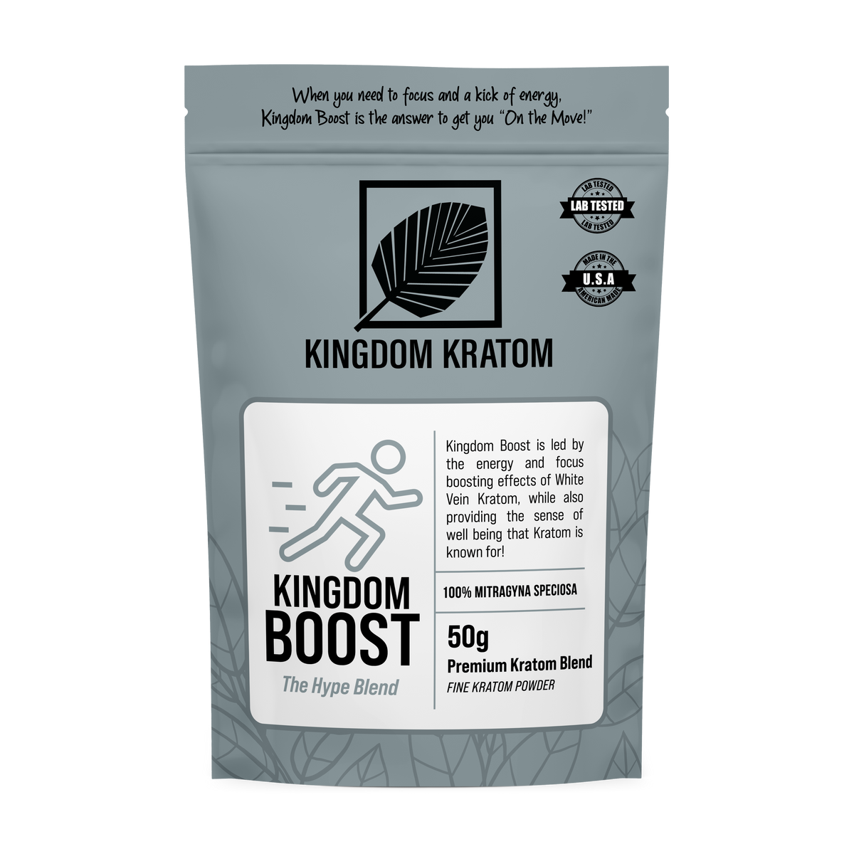 Grey Boost White Vein Kratom Blend Powder 50g - Front View | Kingdom Kratom