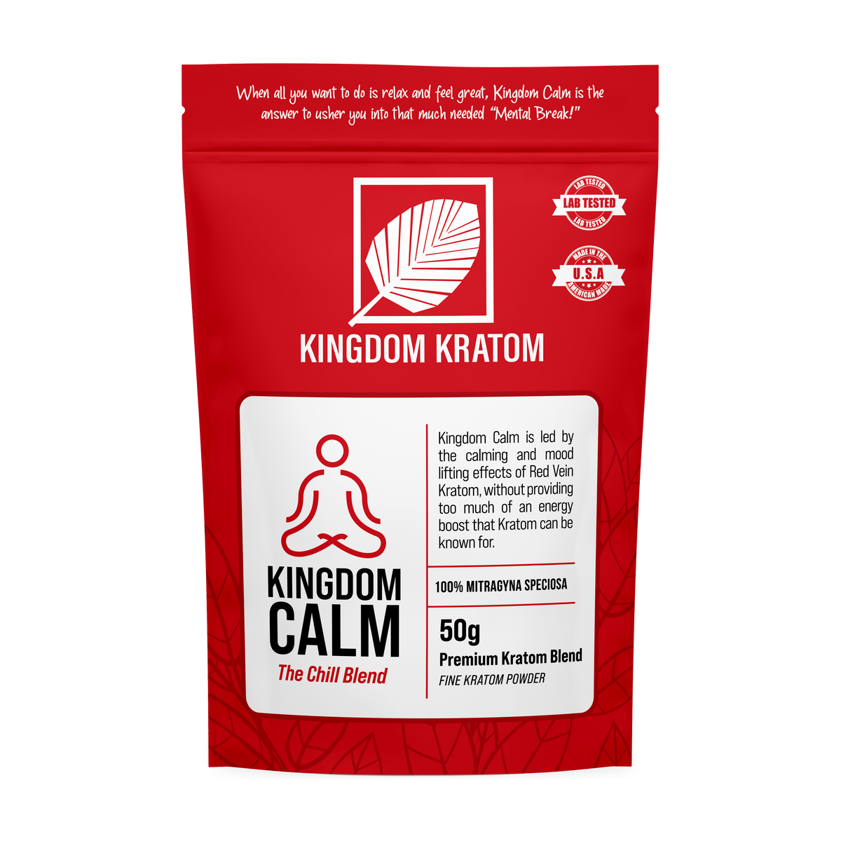 Kingdom Calm Red Blend Premium Kratom Powder 50g - Best Red Spectrum Blend for Relaxation Front View | Kingdom Kratom