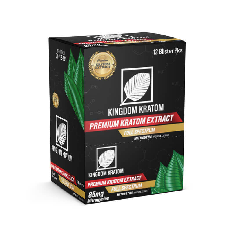 Black Box of 12 Premium Kratom Extract Capsule Blister Packs Full Spectrum 85mg On-The-Go - Angle View | Kingdom Kratom