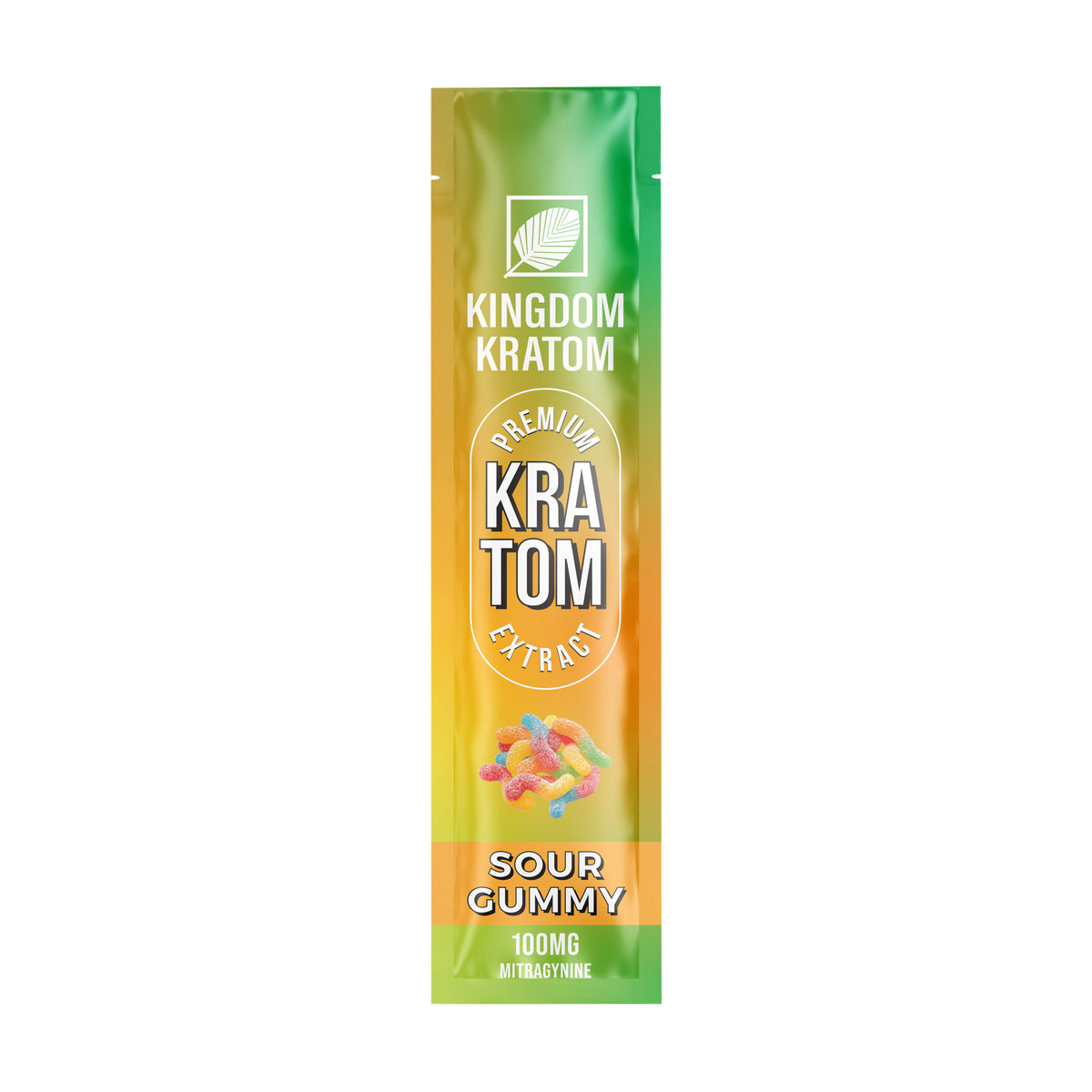Green Orange Kingdom Burst Sour Gummy Flavored Kratom Stick Pack 100mg Mitragynine - Front View | Kingdom Kratom