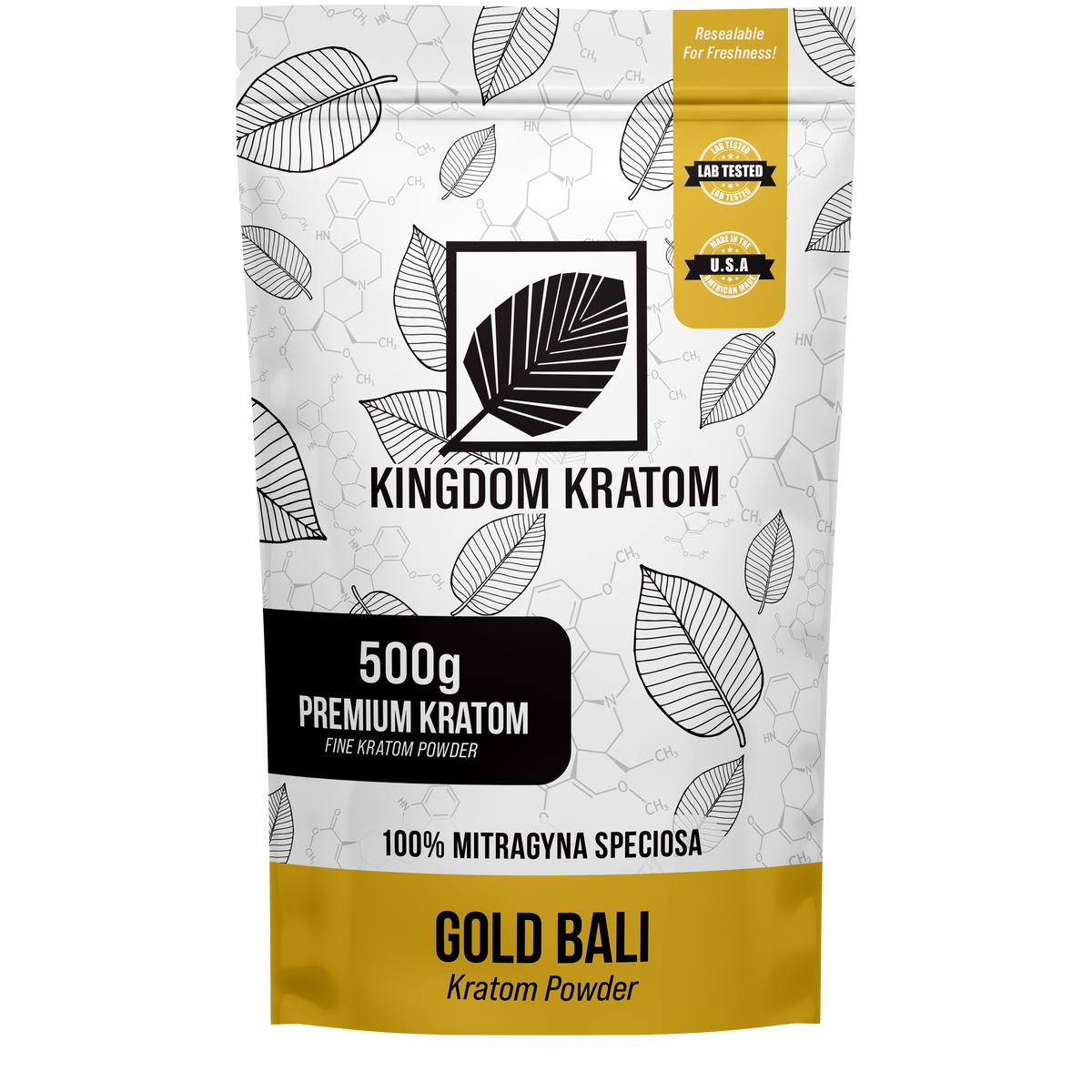 Gold Bali Kratom Powder 500g Lab-Tested Resealable Bag - Front View | Kingdom Kratom
