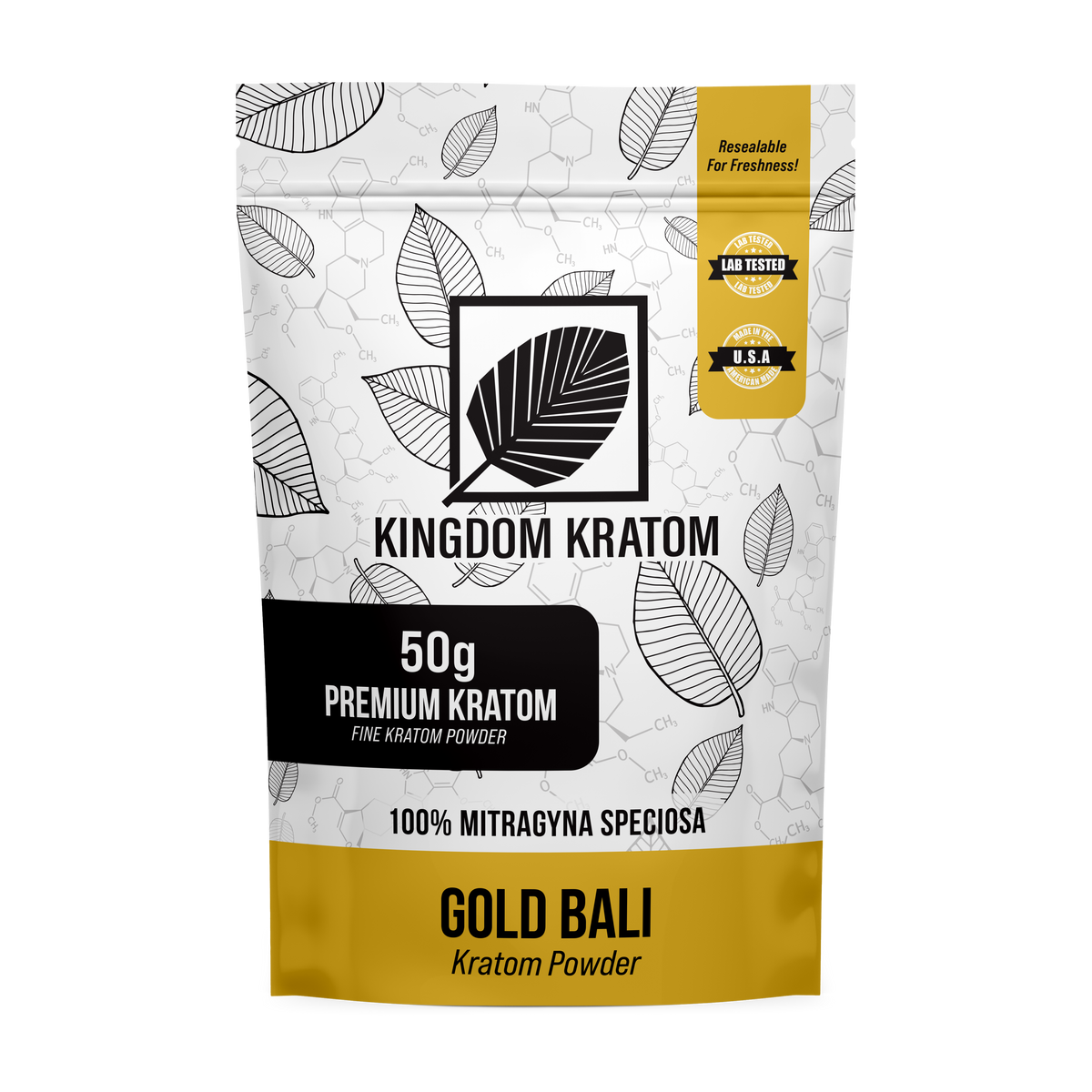 Gold Bali Kratom Powder 50g Lab-Tested Mitragyna Speciosa Bag - Front View | Kingdom Kratom