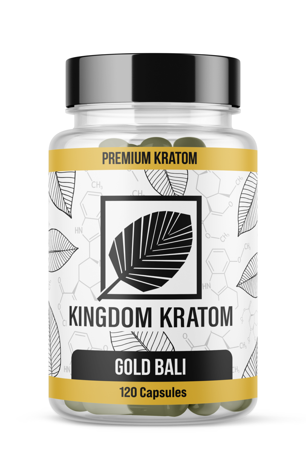 Premium Gold Bali Kratom Capsules 120 Count Clear Bottle - Front View | Kingdom Kratom
