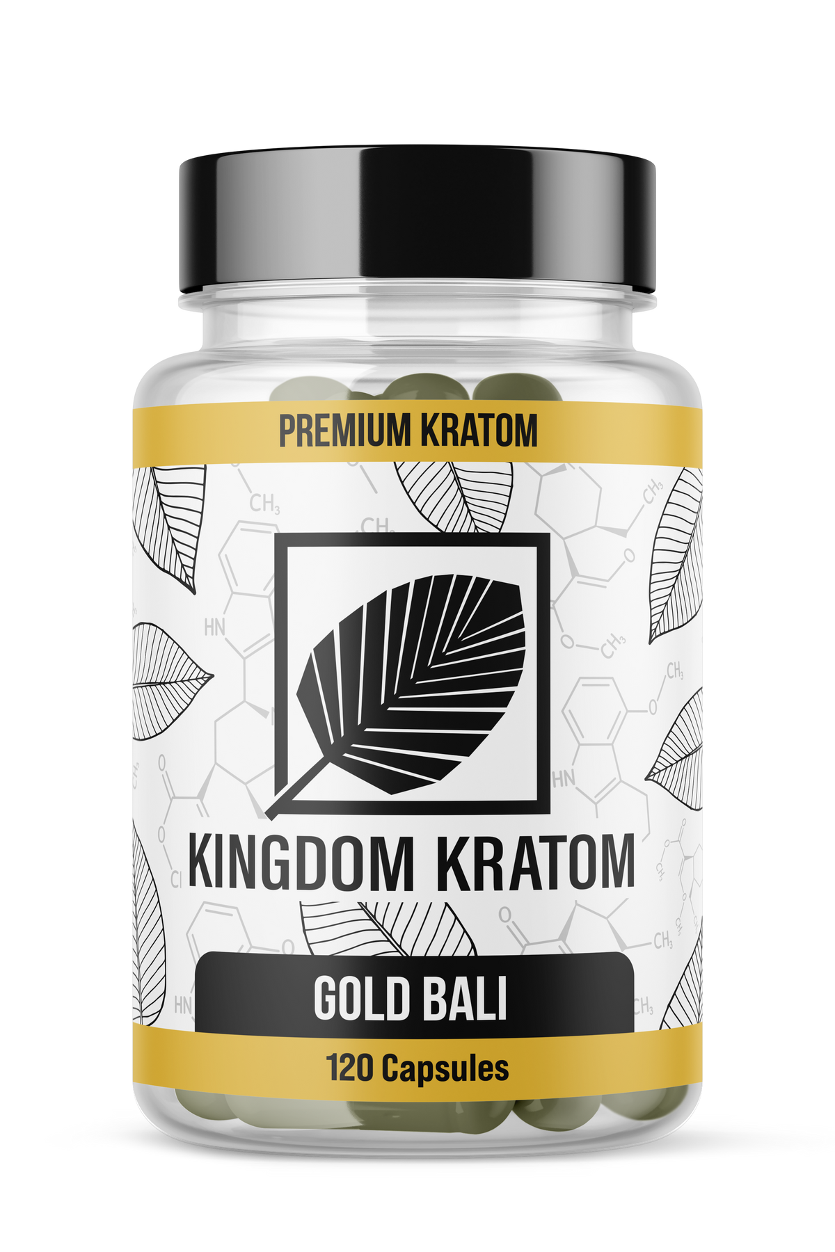 Gold Bali Kratom Capsules 120 Count Clear Label Bottle - Front Detail | Kingdom Kratom