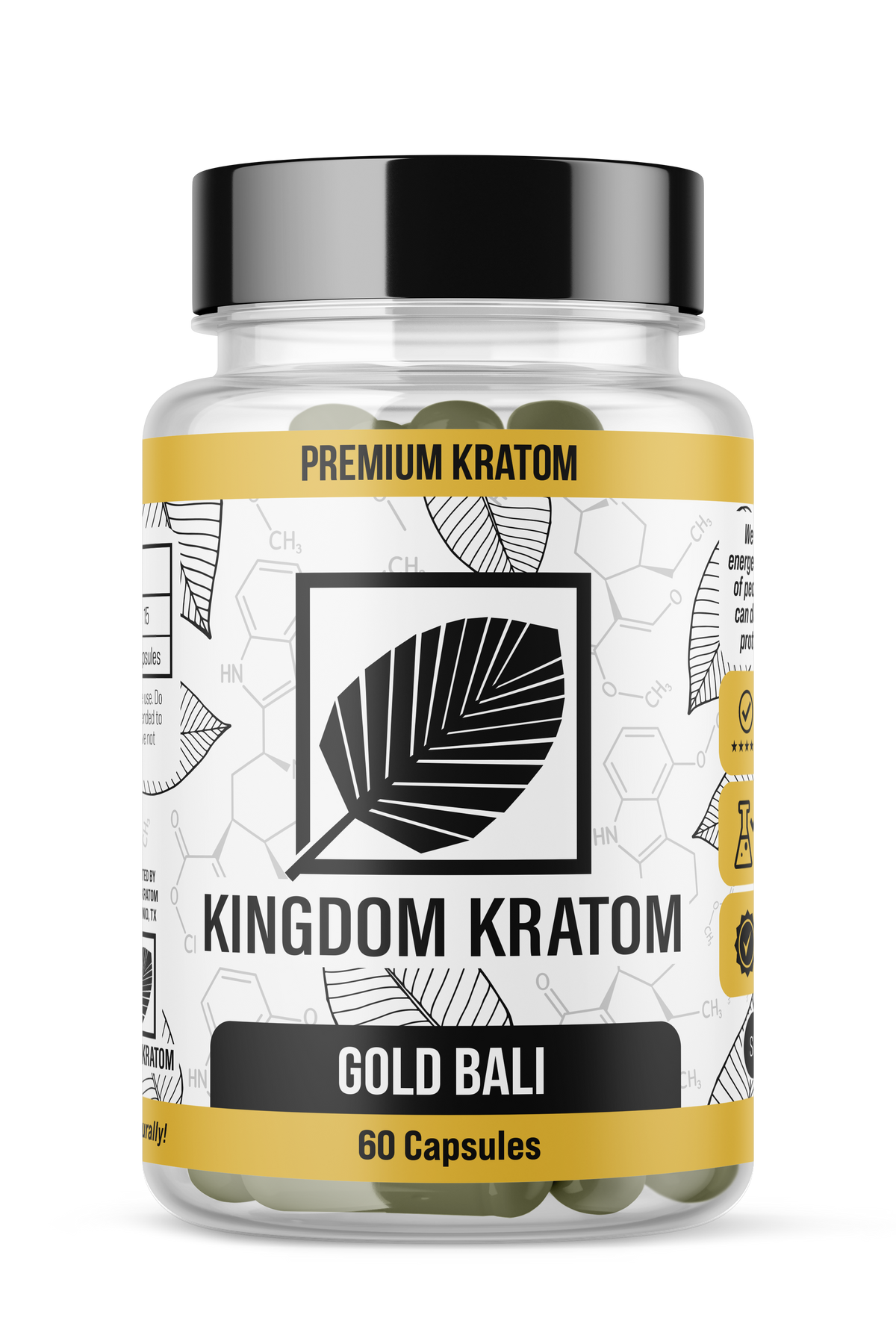 Bali Gold Kratom Capsules 60 Count Clear Bottle - Front View | Kingdom Kratom