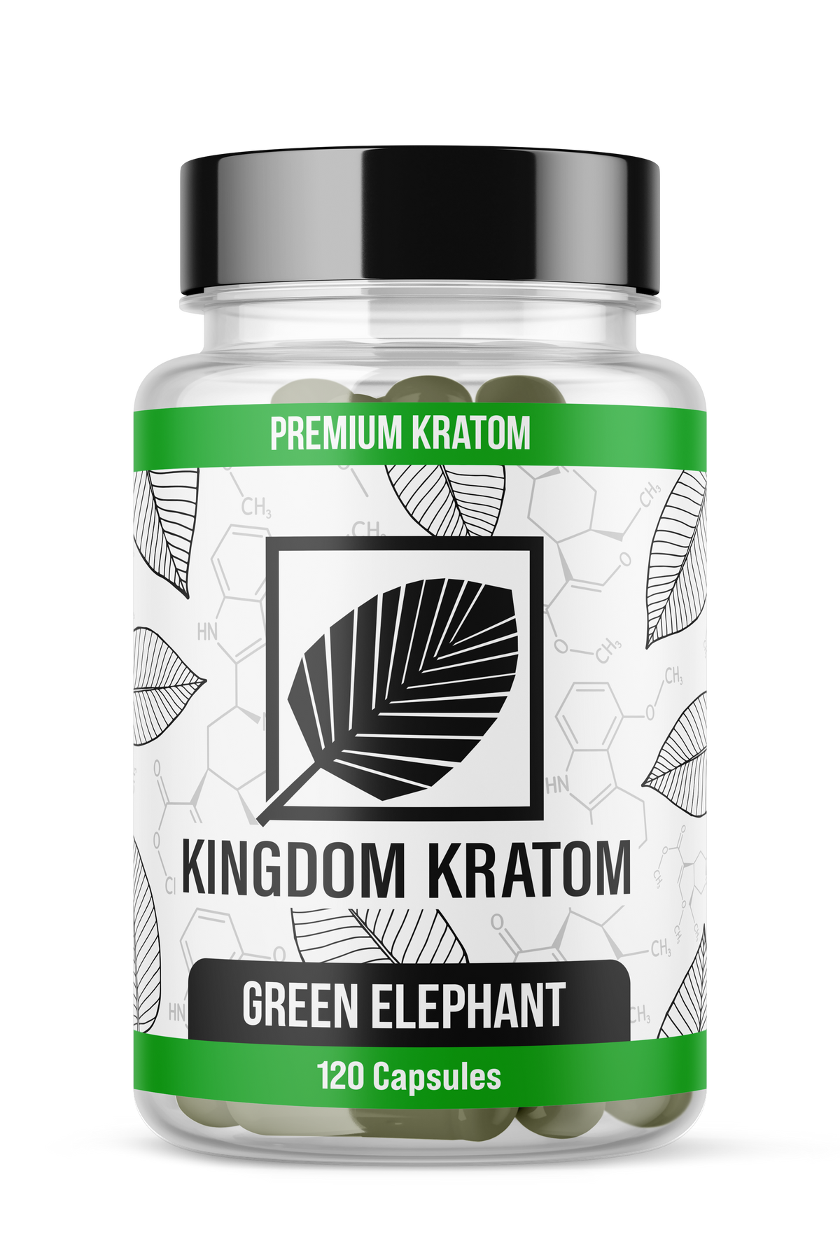 Premium Green Elephant Kratom Capsules 120 Count Clear Bottle - Front View | Kingdom Kratom