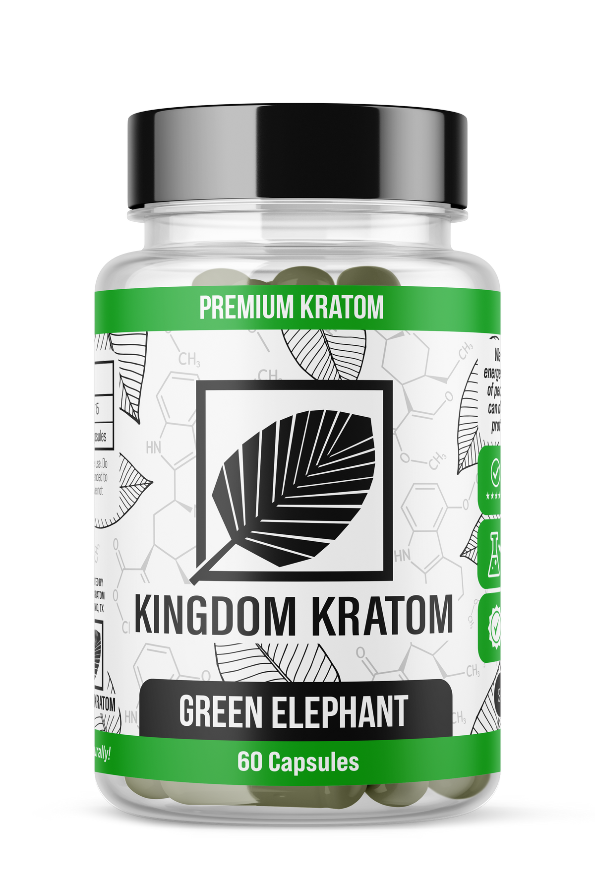 Green Elephant Kratom Capsules 60 Count Clear Bottle - Front View | Kingdom Kratom