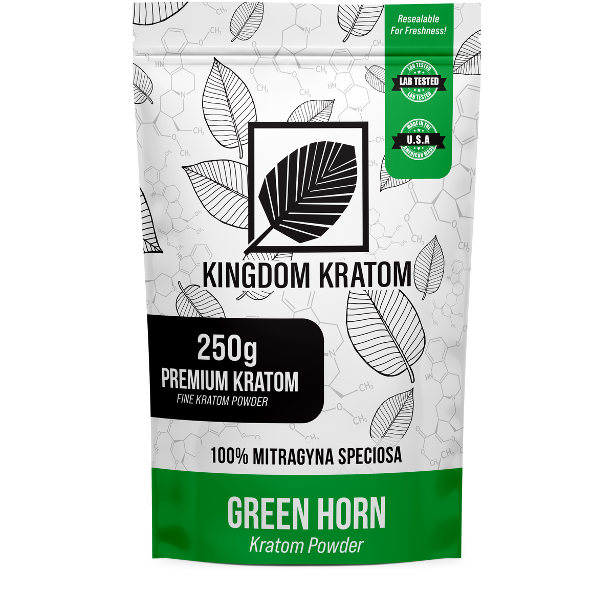 Green Horn Kratom Powder 250g Lab-Tested Resealable Bag - Front View | Kingdom Kratom