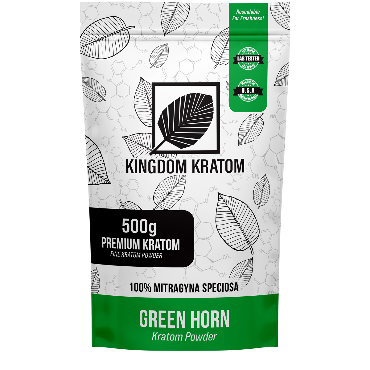 Green Horn Kratom Powder 500g Lab-Tested Resealable Bag - Front View | Kingdom Kratom