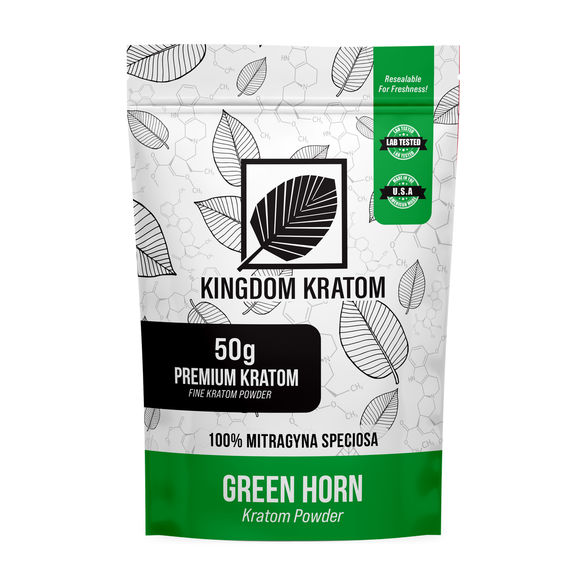 Green Horn Kratom Powder 50g Premium Mitragyna Speciosa Resealable Bag - Front View | Kingdom Kratom