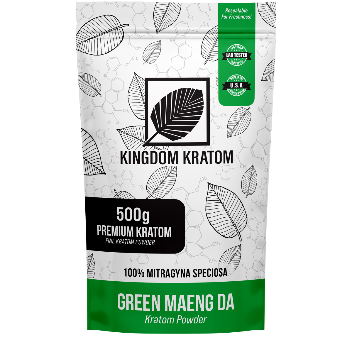 Green Maeng Da Kratom Powder 500g Lab-Tested Resealable Bag - Front View | Kingdom Kratom