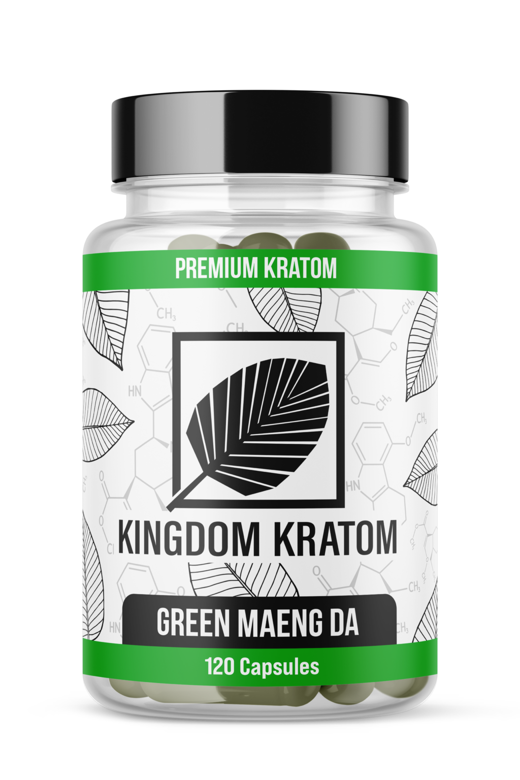 Premium Green Maeng Da Kratom Capsules 120 Count Bottle - Front View | Kingdom Kratom