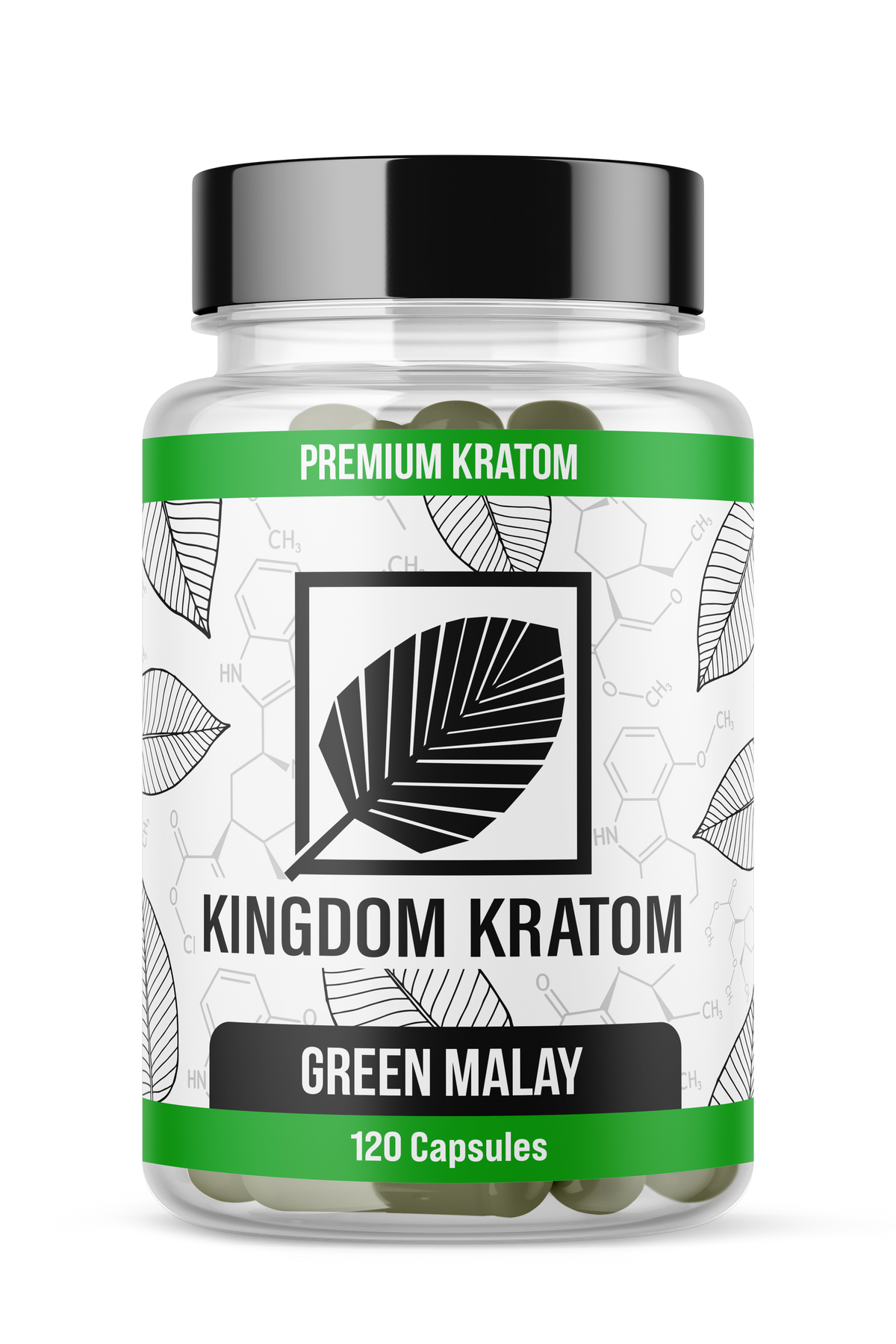 Premium Green Vein Malay Kratom Capsules 120 Count Clear Bottle - Front View | Kingdom Kratom