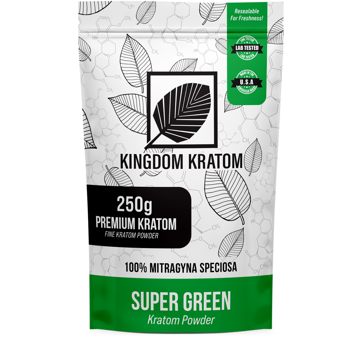Super Green Borneo Kratom Powder 250g Lab-Tested Resealable Bag - Front View | Kingdom Kratom