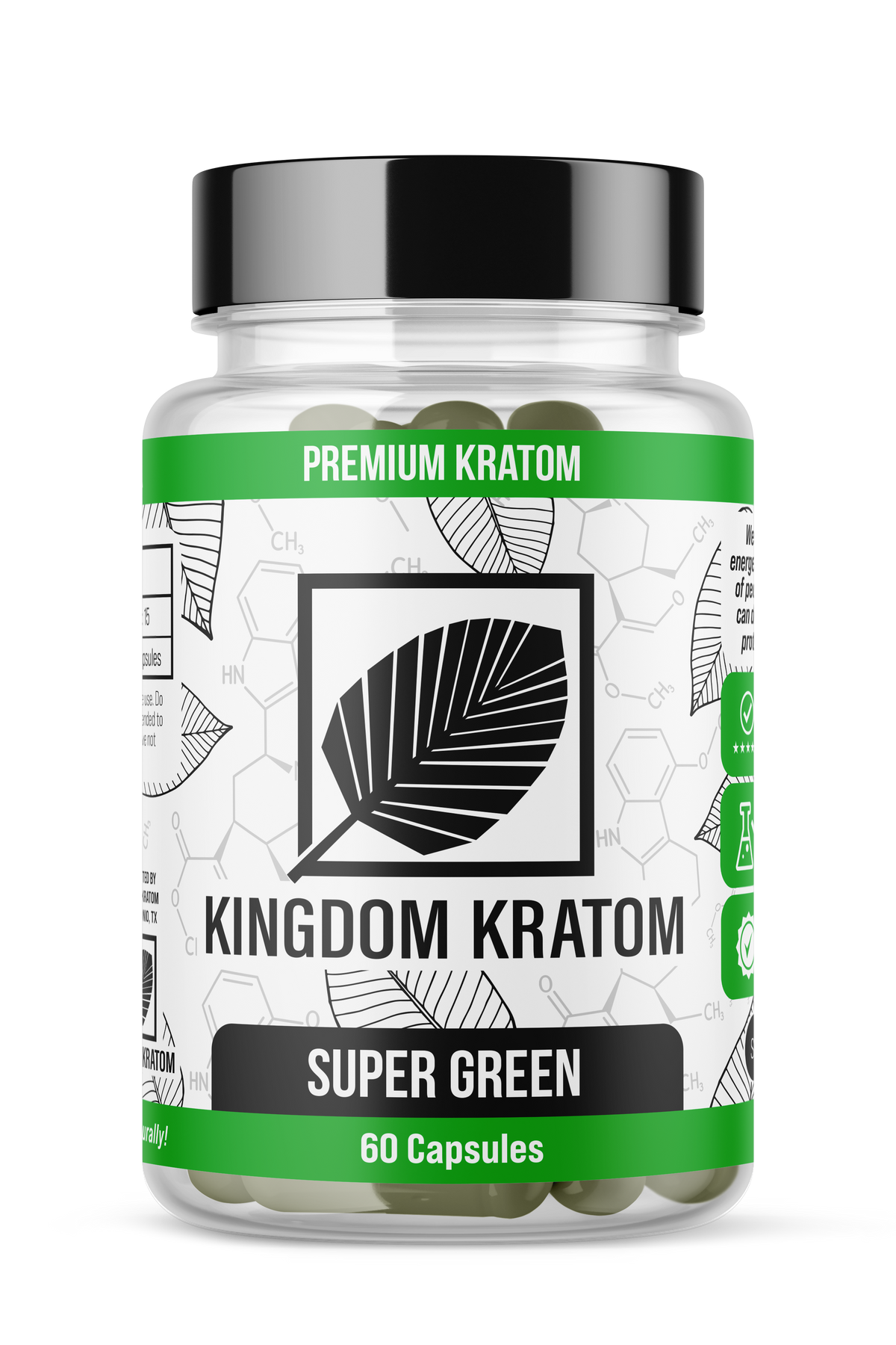 Super Green Borneo Kratom Capsules 60ct Clear Bottle - Front View | Kingdom Kratom