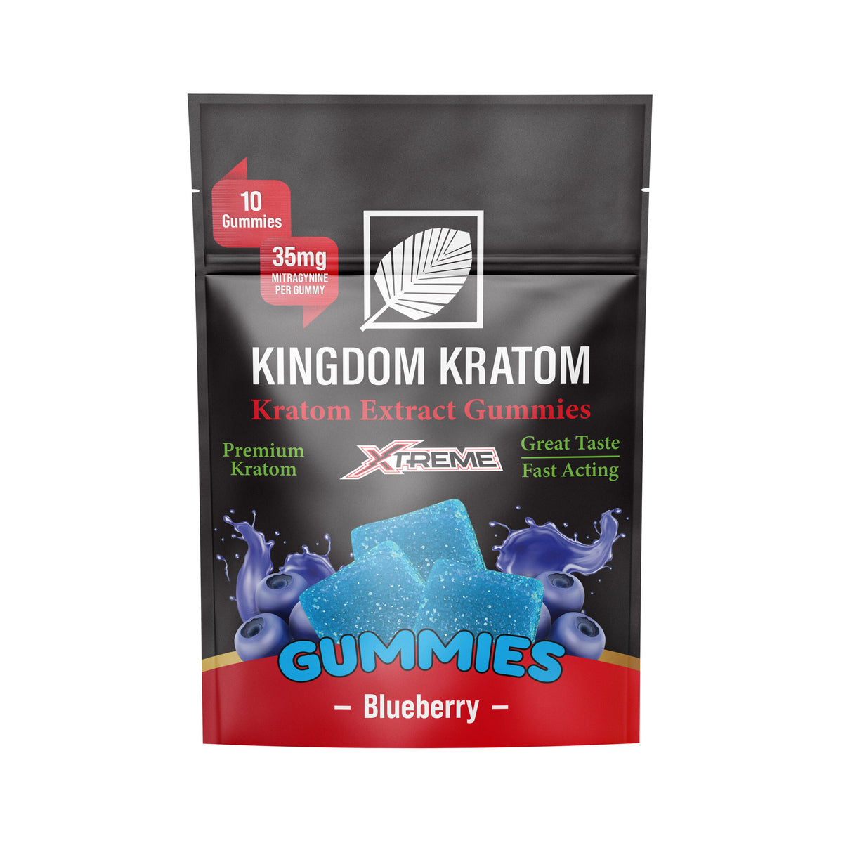 Strongest Kratom Gummies Blueberry Xtreme Extract 35mg 10-Count Pouch - Front View | Kingdom Kratom