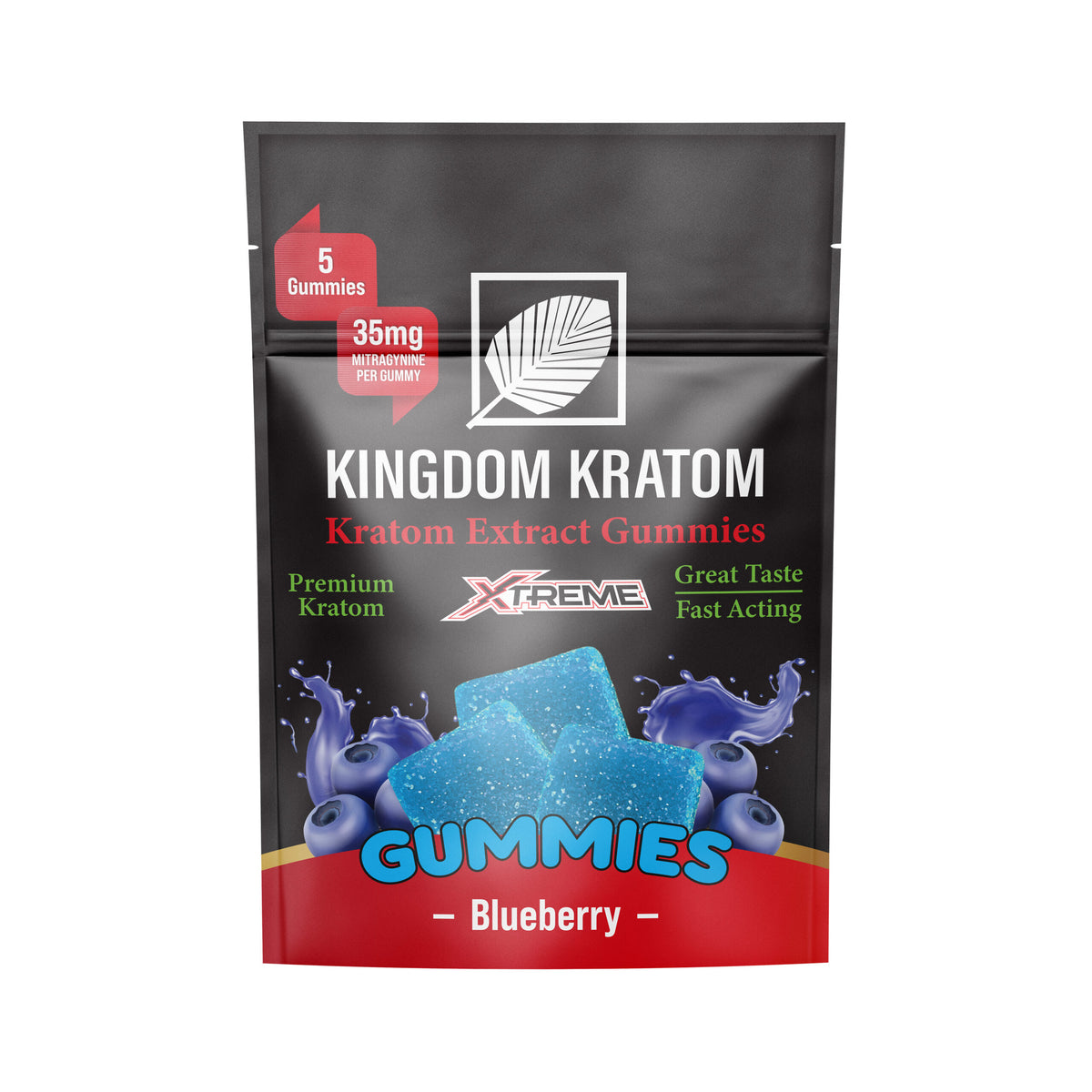 Blueberry Xtreme Kratom Extract Gummies 35mg 5-Count Pouch - Front View | Kingdom Kratom