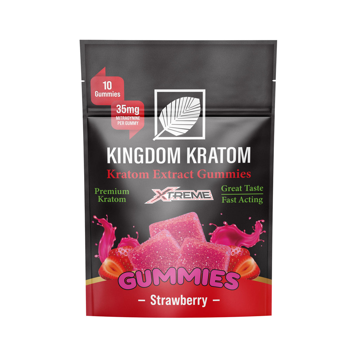 Strongest Kratom Gummies Strawberry Xtreme Extract 35mg 10-Count Pouch - Front View | Kingdom Kratom