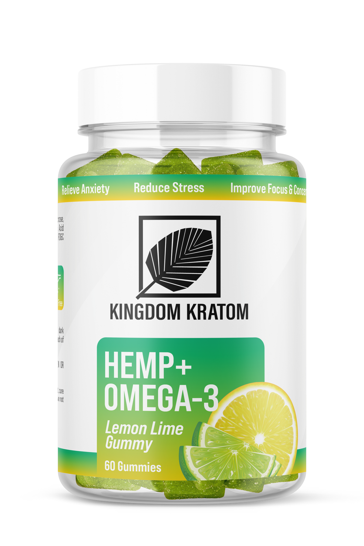 Hemp & Omega-3 Lemon Lime Focus Gummies 60ct Clear Bottle - Front View | Kingdom Kratom