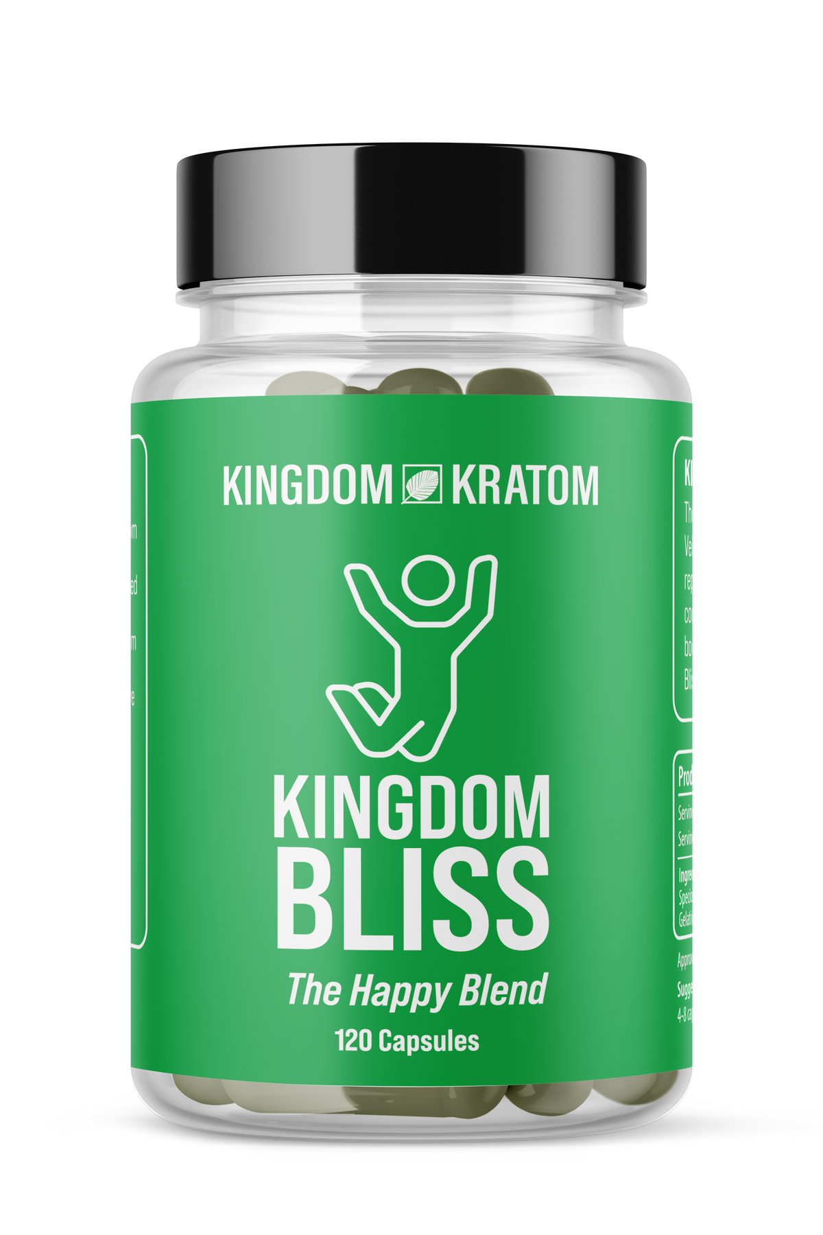 Kingdom Kratom Bliss Green Blend 120ct Kratom Capsules - Front View, Clear Bottle | Kingdom Kratom