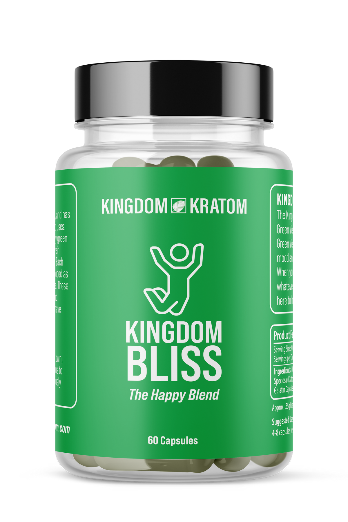 Bliss Green Blend Kratom Capsules 60ct Clear Bottle, Green Kratom Blend - Front View | Kingdom Kratom
