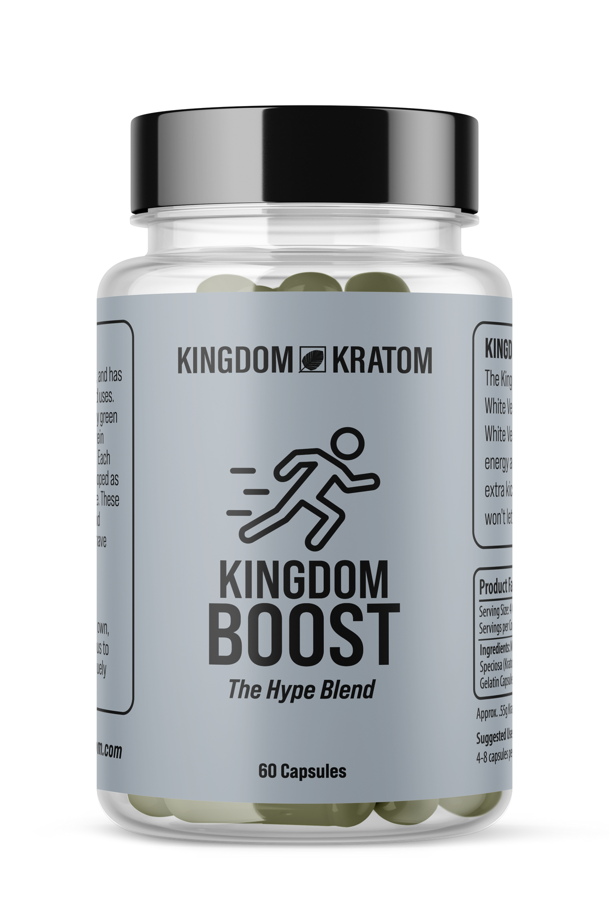 Boost White Kratom Capsules 60ct Clear Jar - Front View | Kingdom Kratom