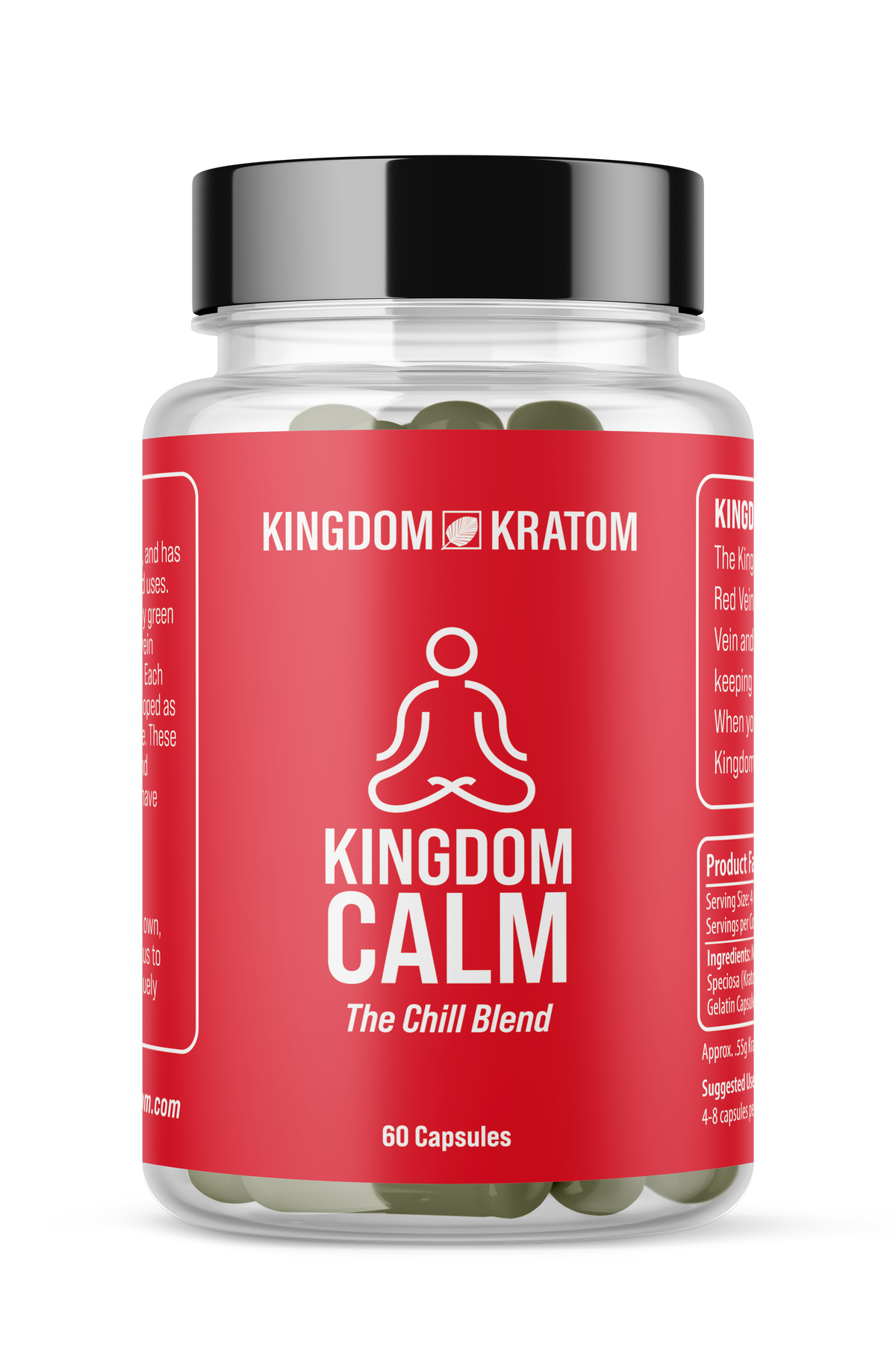 Red Vein Kratom Calm Blend Capsules 60ct Clear Bottle - Front View, Kratom for Calm | Kingdom Kratom