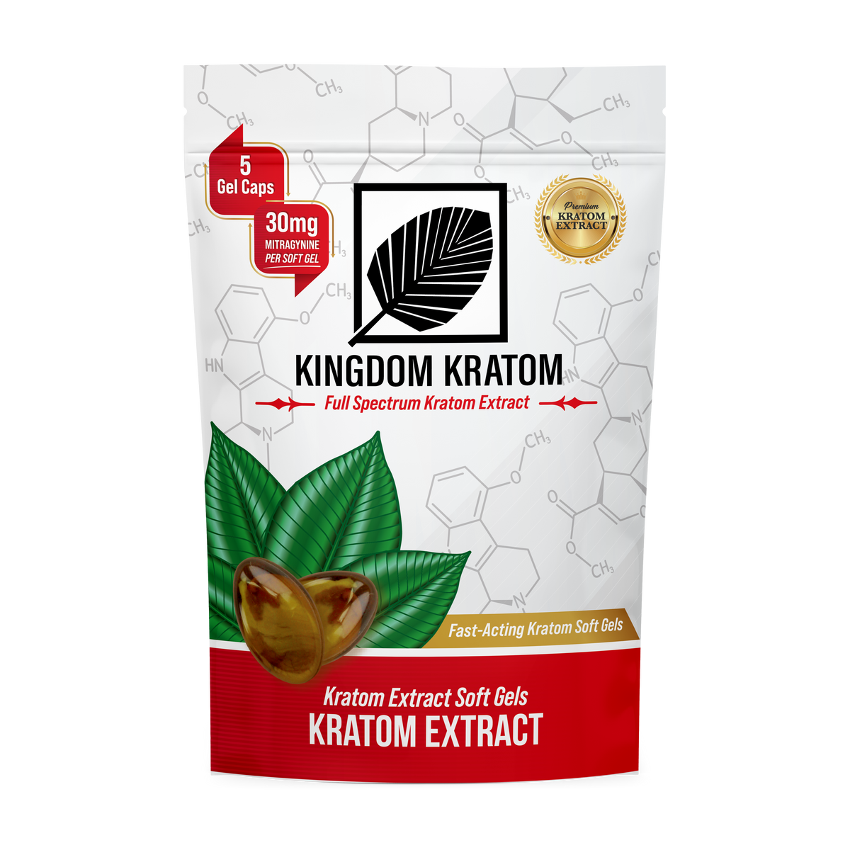 5-Count 30mg Full Spectrum Kratom Extract Softgels Resealable Bag - Front View | Kingdom Kratom