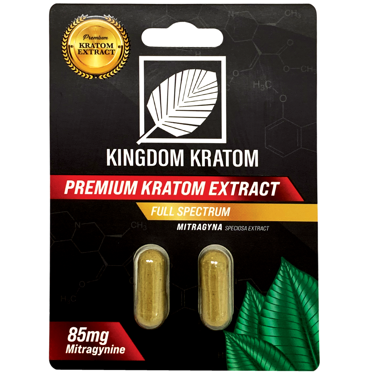 Kingdom Kratom Premium Kratom Extract Capsules Blister Pack 85mg Mitragynine Full Spectrum - Front View | Kingdom Kratom