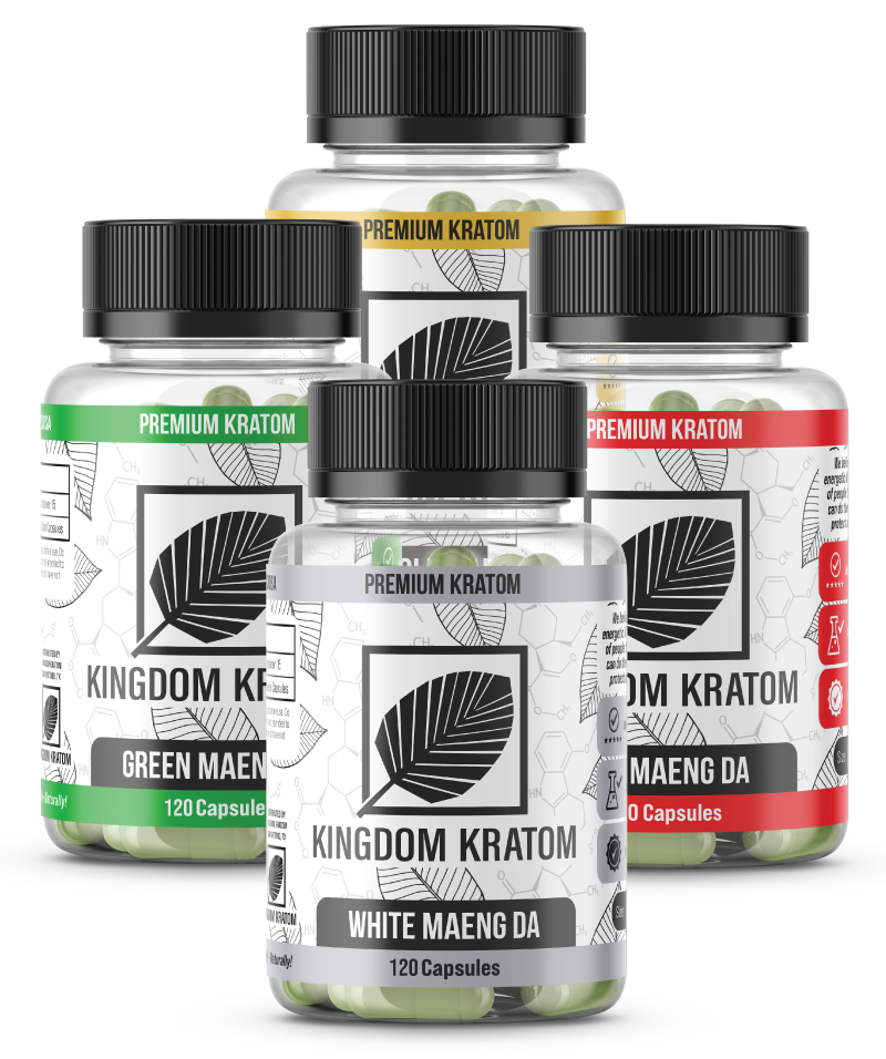 Premium Kratom Capsules Sample Pack 4 Strains 120ct Each - Front View | Kingdom Kratom