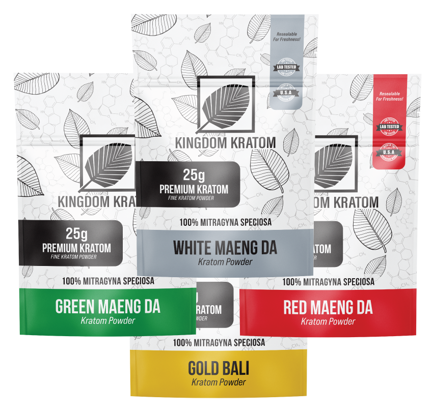 Kratom Powder Sample Pack 4x25g Bags - Green Maeng Da, White Maeng Da, Red Maeng Da, Gold Bali | Kingdom Kratom