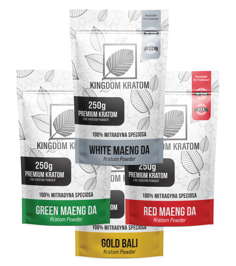 Custom Kilo Kratom Powder Sample Pack 250g Bags - Green Maeng Da, White Maeng Da, Red Maeng Da, Gold Bali | Kingdom Kratom