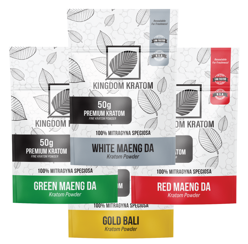 Kratom Powder Sample Pack - Four 50g Bags Green Maeng Da, White Maeng Da, Red Maeng Da, Gold Bali | Kingdom Kratom