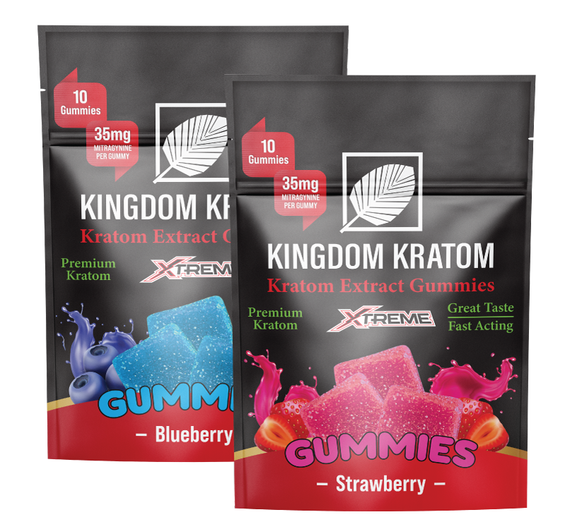 Strongest Kratom Gummies 35mg Strawberry & Blueberry 10ct Pouches - Front View | Kingdom Kratom