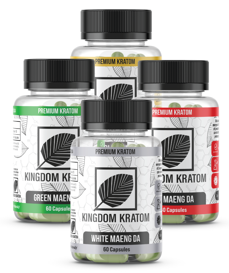 Kratom Capsules Small Sample Pack - 4 Strain Variety 60ct Bottles Front View | Kingdom Kratom