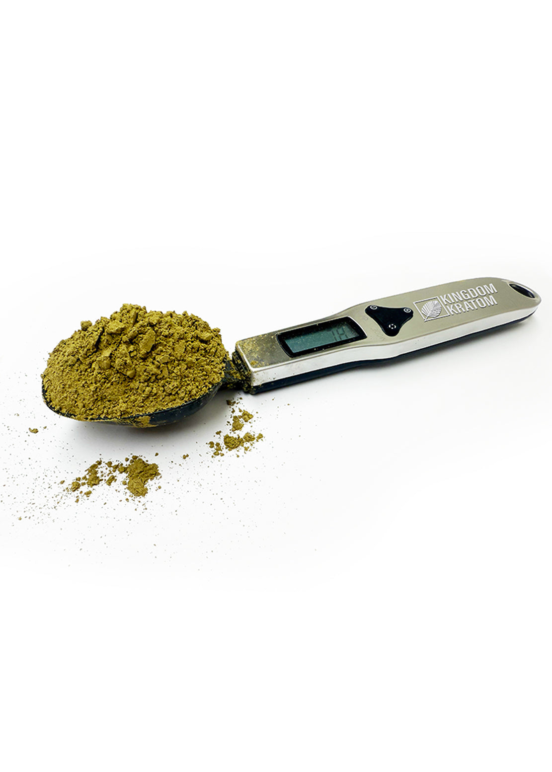 Kingdom Kratom Digital Measuring Spoon Scale with kratom powder - Angled View | Kingdom Kratom
