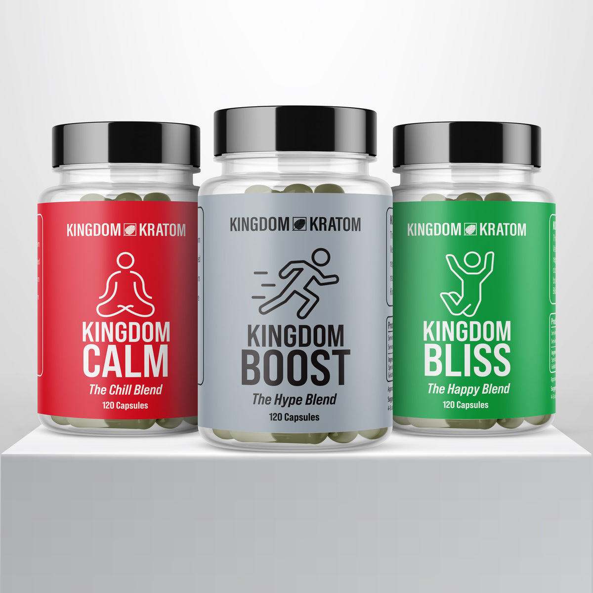 Kratom Blend Capsule Sample Pack 120ct – Calm, Boost & Bliss Kratom Variety Pack on Pedestal | Kingdom Kratom