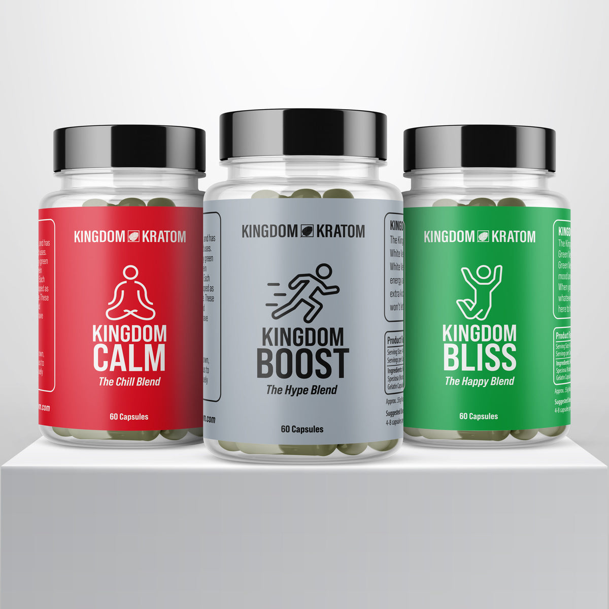 Kratom Blend Capsule Sample Pack 60ct – Calm, Boost & Bliss Kratom Variety Pack Front View | Kingdom Kratom