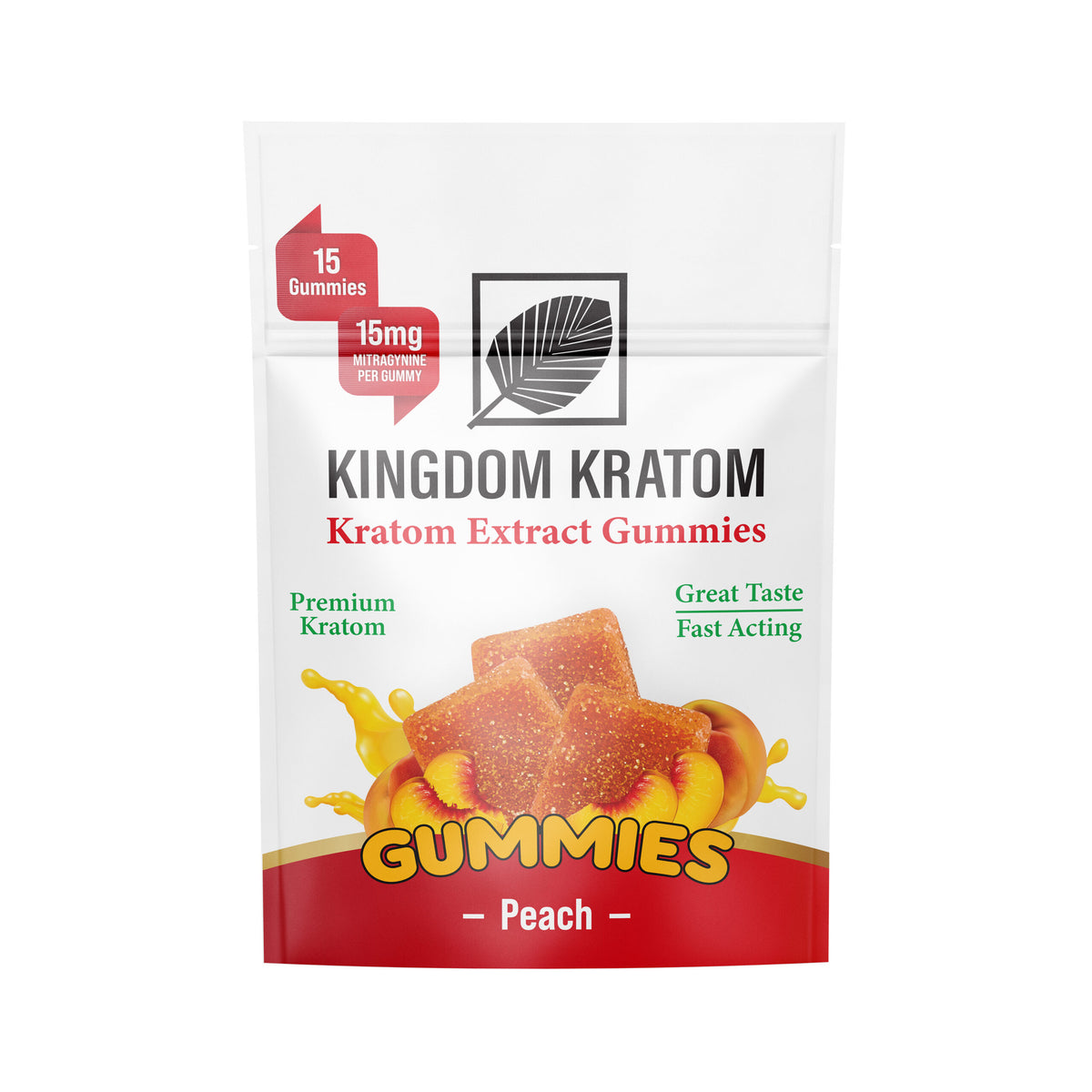 Peach Kratom Extract Gummies 15-Count Bag - Front View | Kingdom Kratom