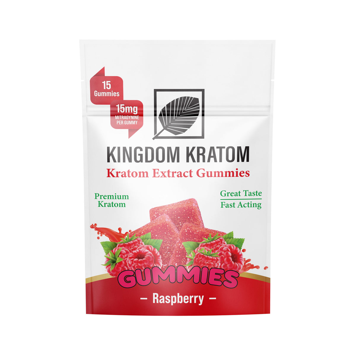 Raspberry Kratom Extract Gummies 15-Count Bag - Front View | Kingdom Kratom
