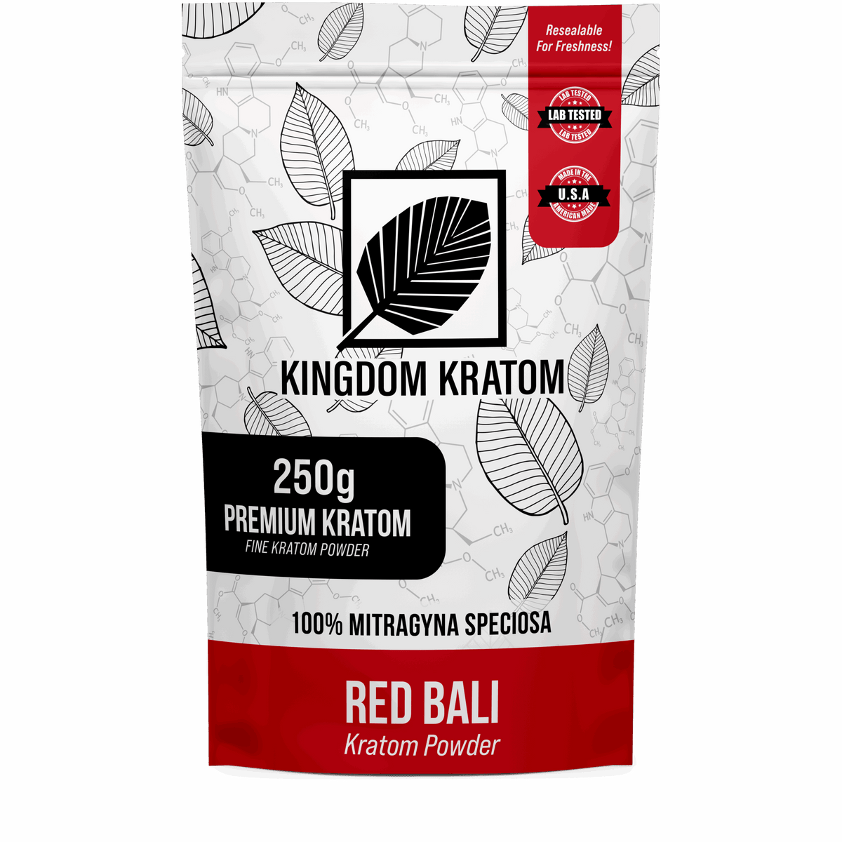 Red Bali Kratom Powder 250g Premium Bulk Red Vein Bali Kratom Resealable Bag Front View | Kingdom Kratom