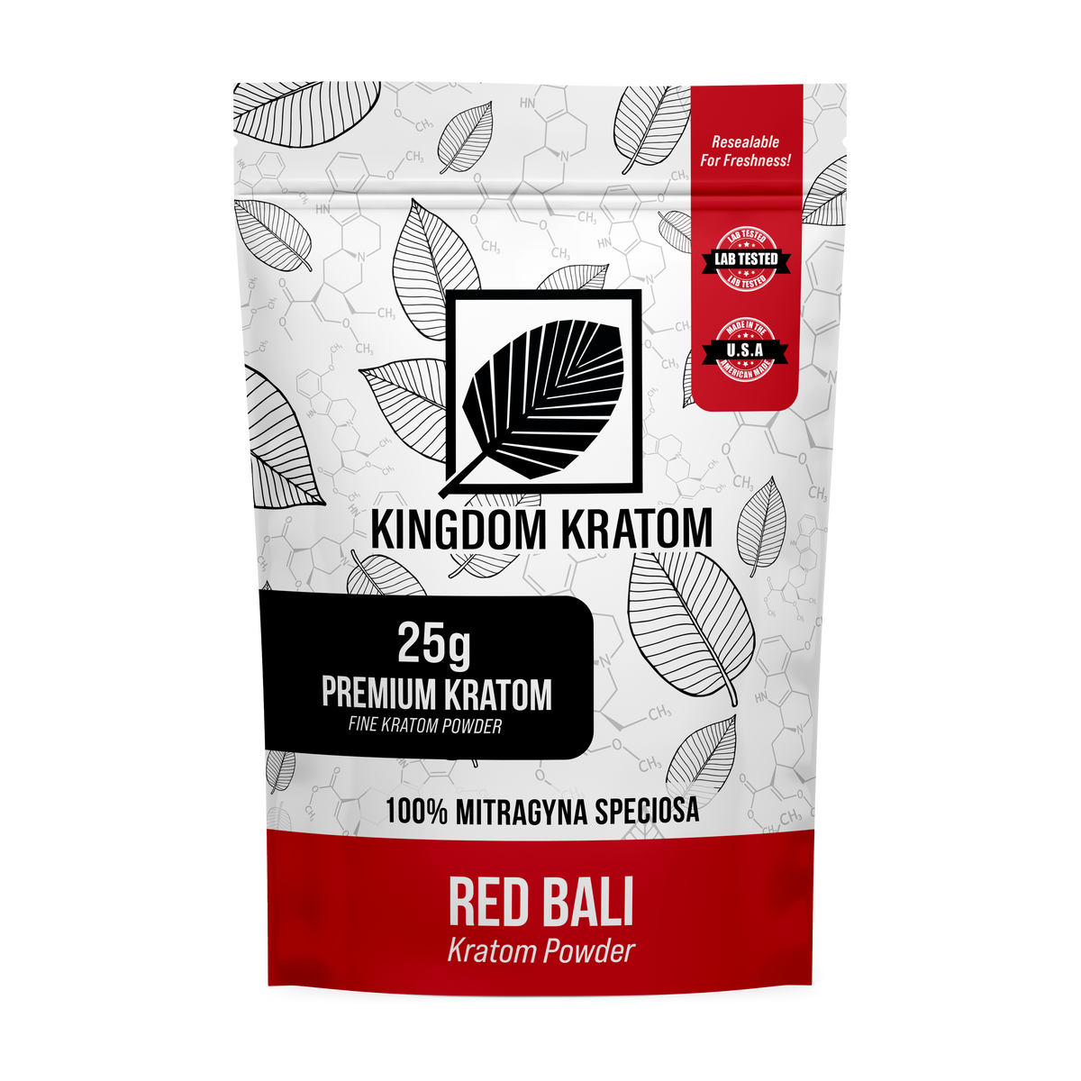 Red Bali Kratom Powder 25g Premium Red Vein Bali Kratom Resealable Starter Bag Front View | Kingdom Kratom