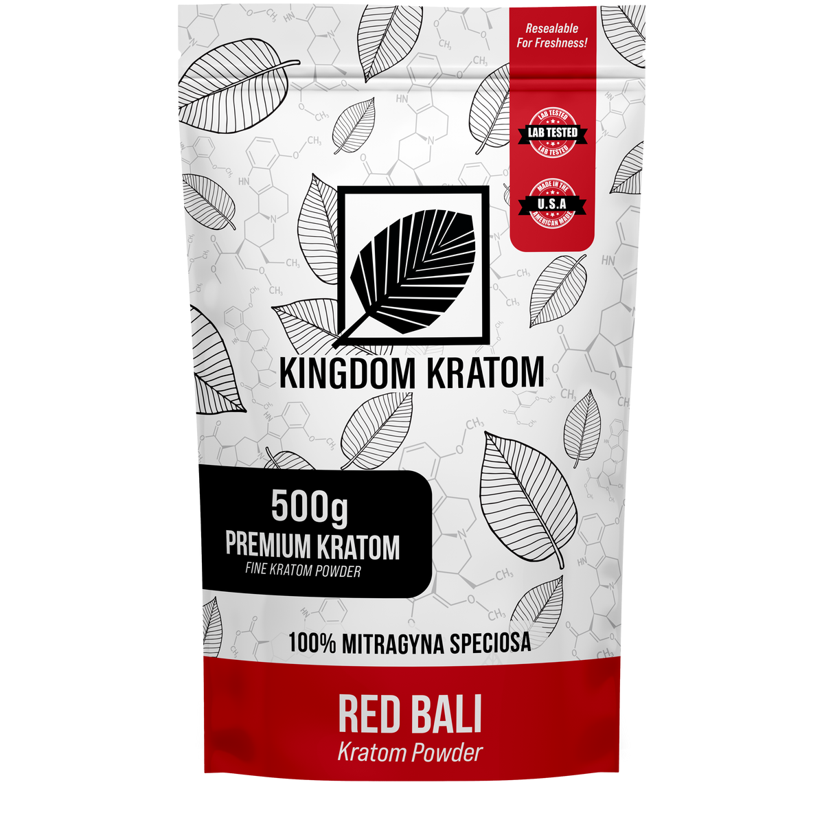 Red Bali Kratom Powder 500g Lab-Tested Resealable Bag Front View | Kingdom Kratom