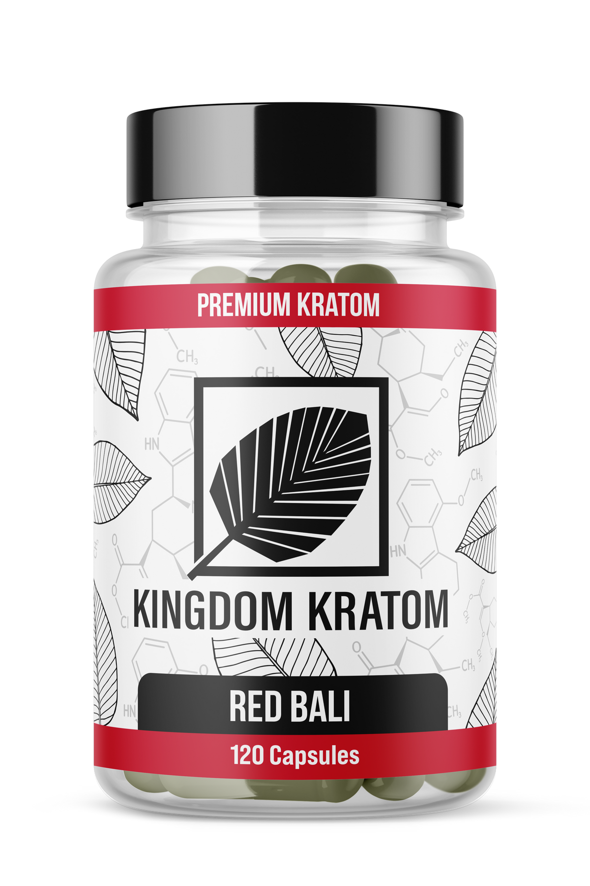 Premium Red Vein Bali Kratom Capsules 120 Count Clear Bottle, Front View | Kingdom Kratom