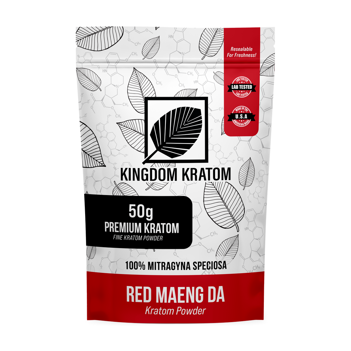 Red Maeng Da Kratom Powder 50g Premium Resealable Bag, Lab-Tested Made in USA - Front View | Kingdom Kratom