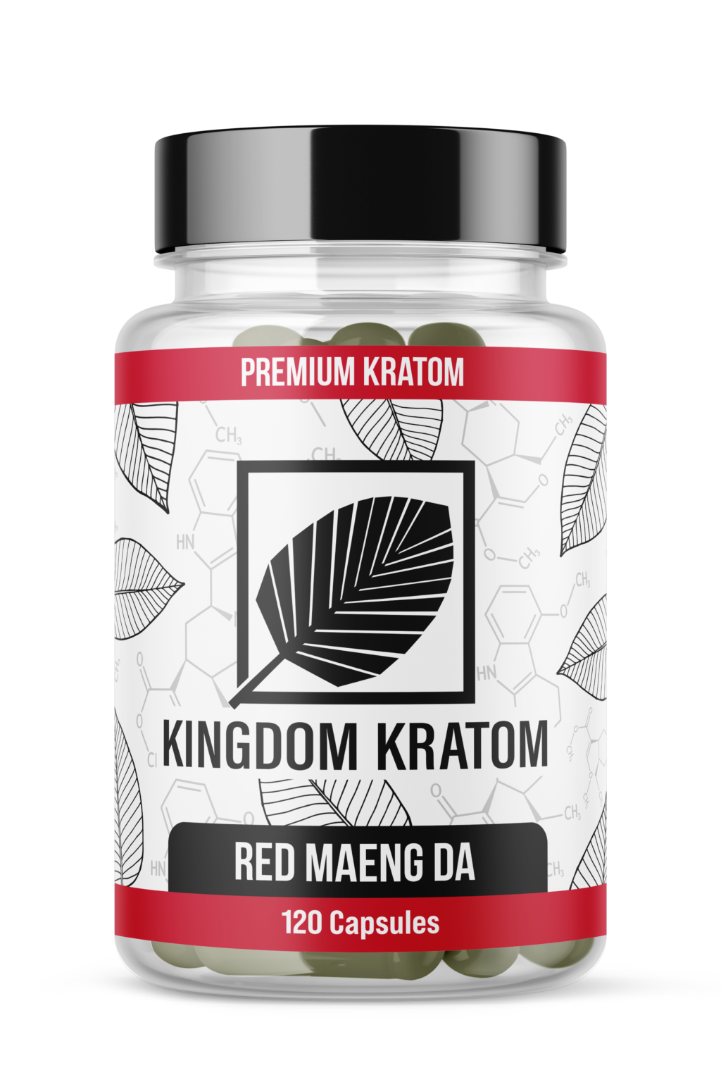 Premium Red Maeng Da Kratom Capsules 120 Count Bottle - Front View | Kingdom Kratom