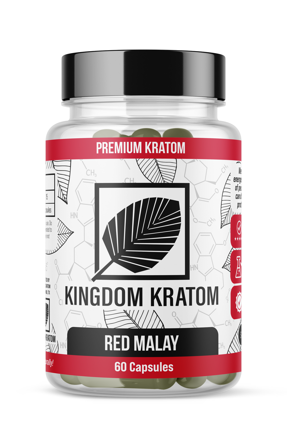 Red Malay Kratom Capsules 60 Count Clear Bottle - Front View | Kingdom Kratom